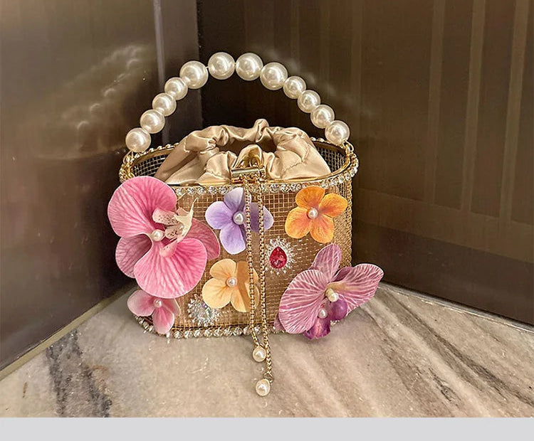 Flower Beaded Bucket Handbag