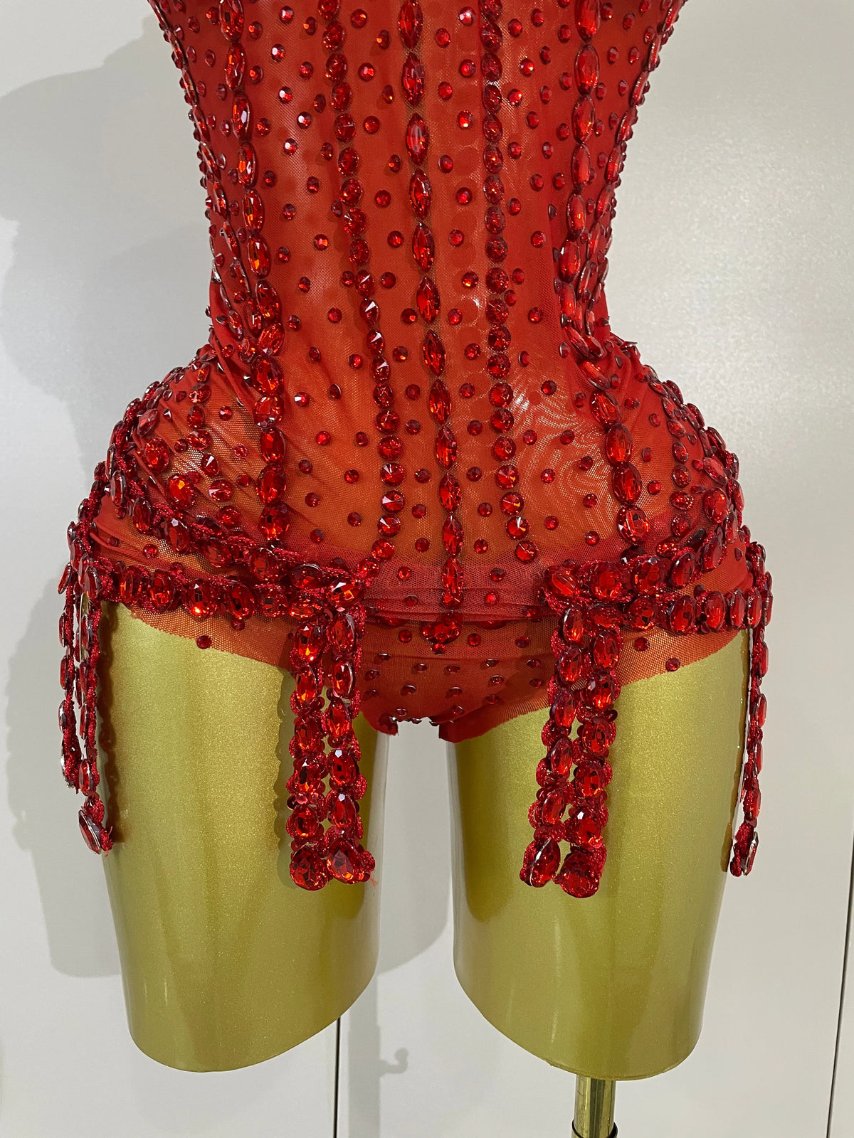 Red Rhinestone Mesh Bodysuit