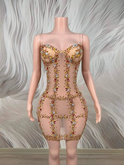 Jazzy Rhinestone Mesh Mini Dress