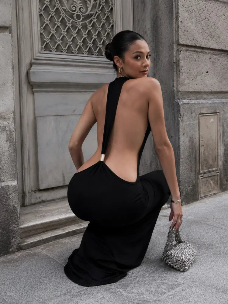 Gold Ring Backless Maxi Dress