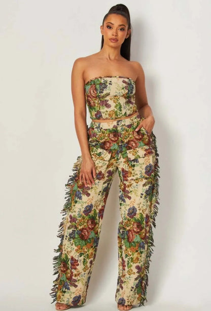 Floral Jacquard Fringed Pants Set