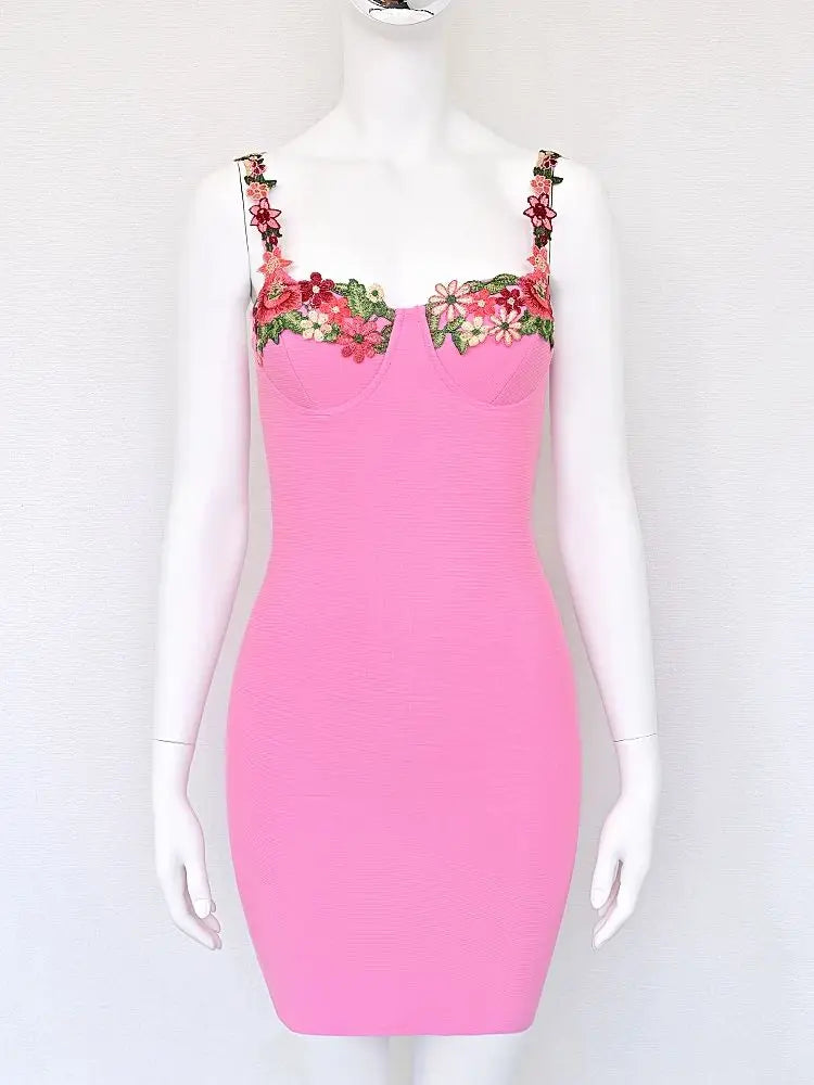 Pink Embroidery Bandage Mini Dress