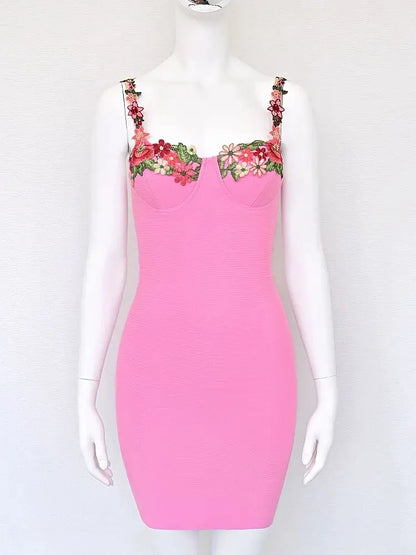 Pink Embroidery Bandage Mini Dress