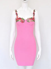 Pink Embroidery Bandage Mini Dress