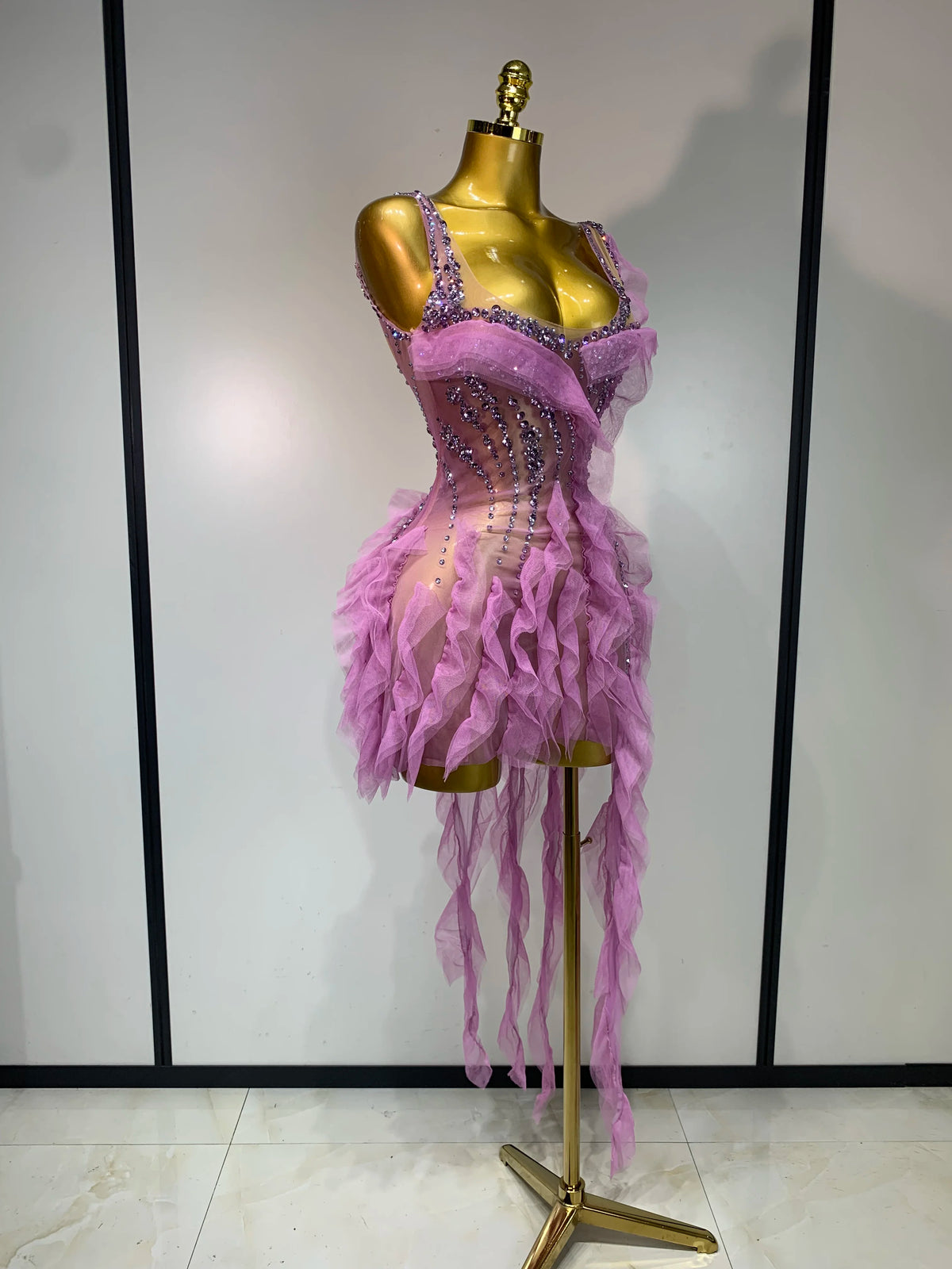 Mona Rhinestone Tassel Sheer Mini Dress