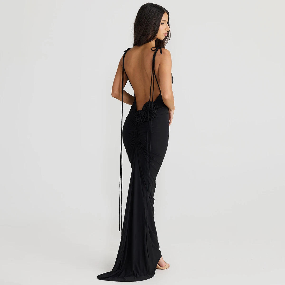 Backless Tie Flowers Ruched Maxi Dress