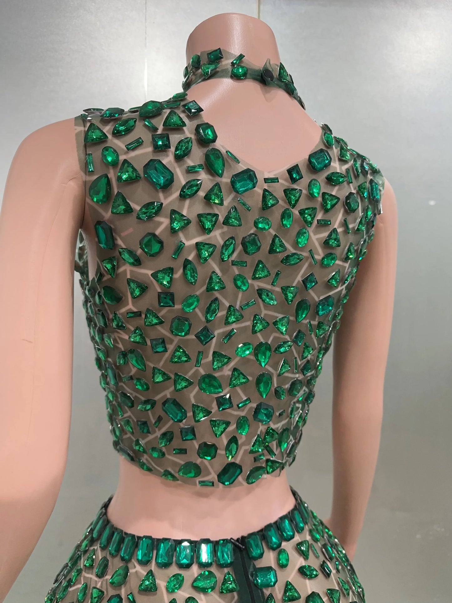 Rhinestone Green Mini Skirt Set