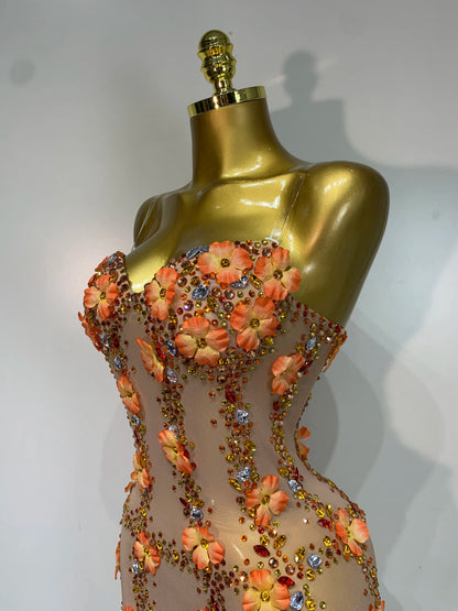 Susan Rhinestone Flower Mesh Mini Dress