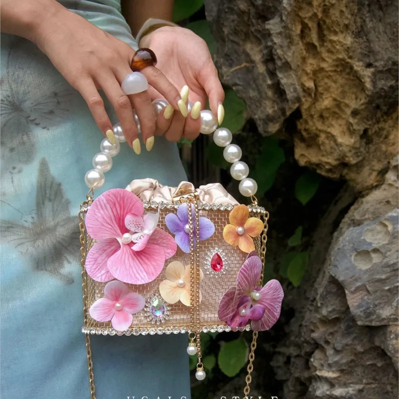 Flower Beaded Bucket Handbag