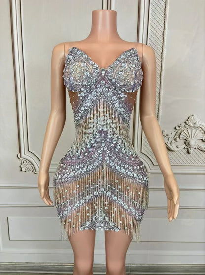 Grandiose Rhinestone Mesh Mini Dress