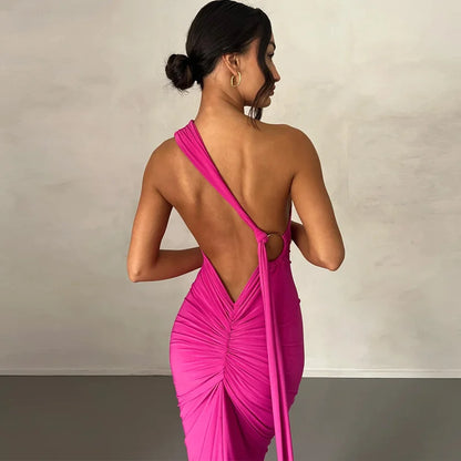 Oblique Backless Ruched Maxi Dress