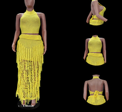 Olina Crochet Knit Tassel Skirt Set