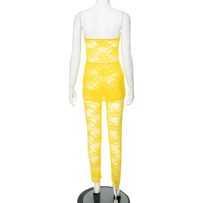 Lacey Yellow Mesh Pants Set