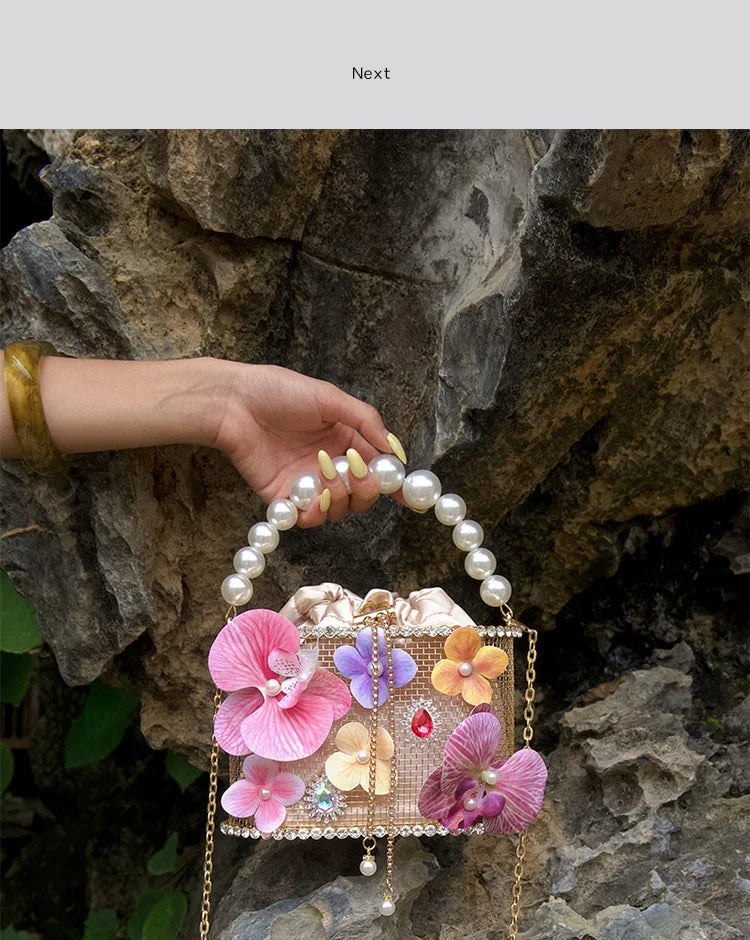 Flower Beaded Bucket Handbag