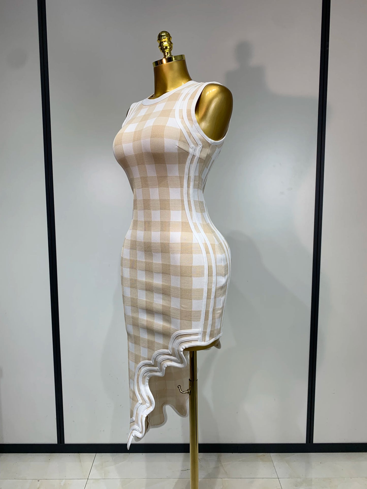 Plaid Asymmetrical Bandage Dress