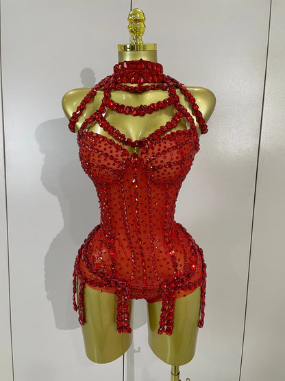 Red Rhinestone Mesh Bodysuit