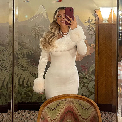Fur Collar Off One Shoulder Bodycon Dress