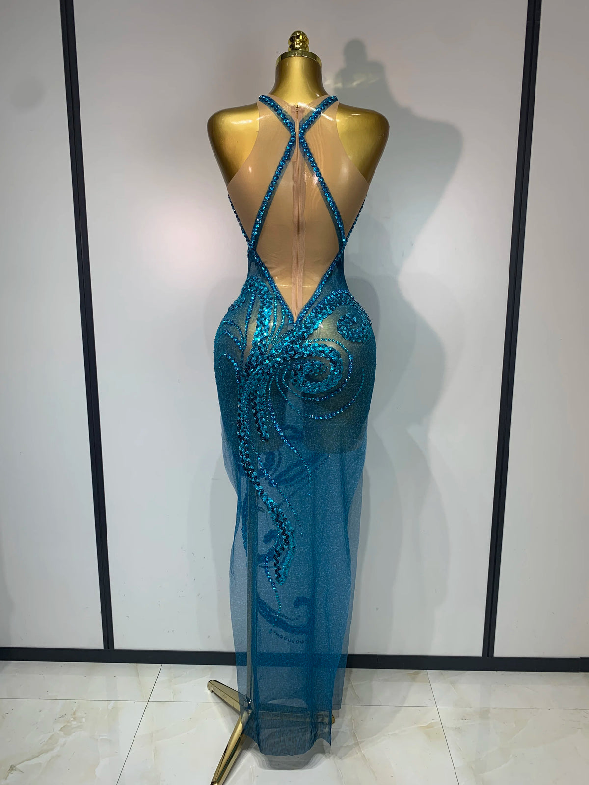Blue Rhinestone Sequins Mesh Maxi Dress
