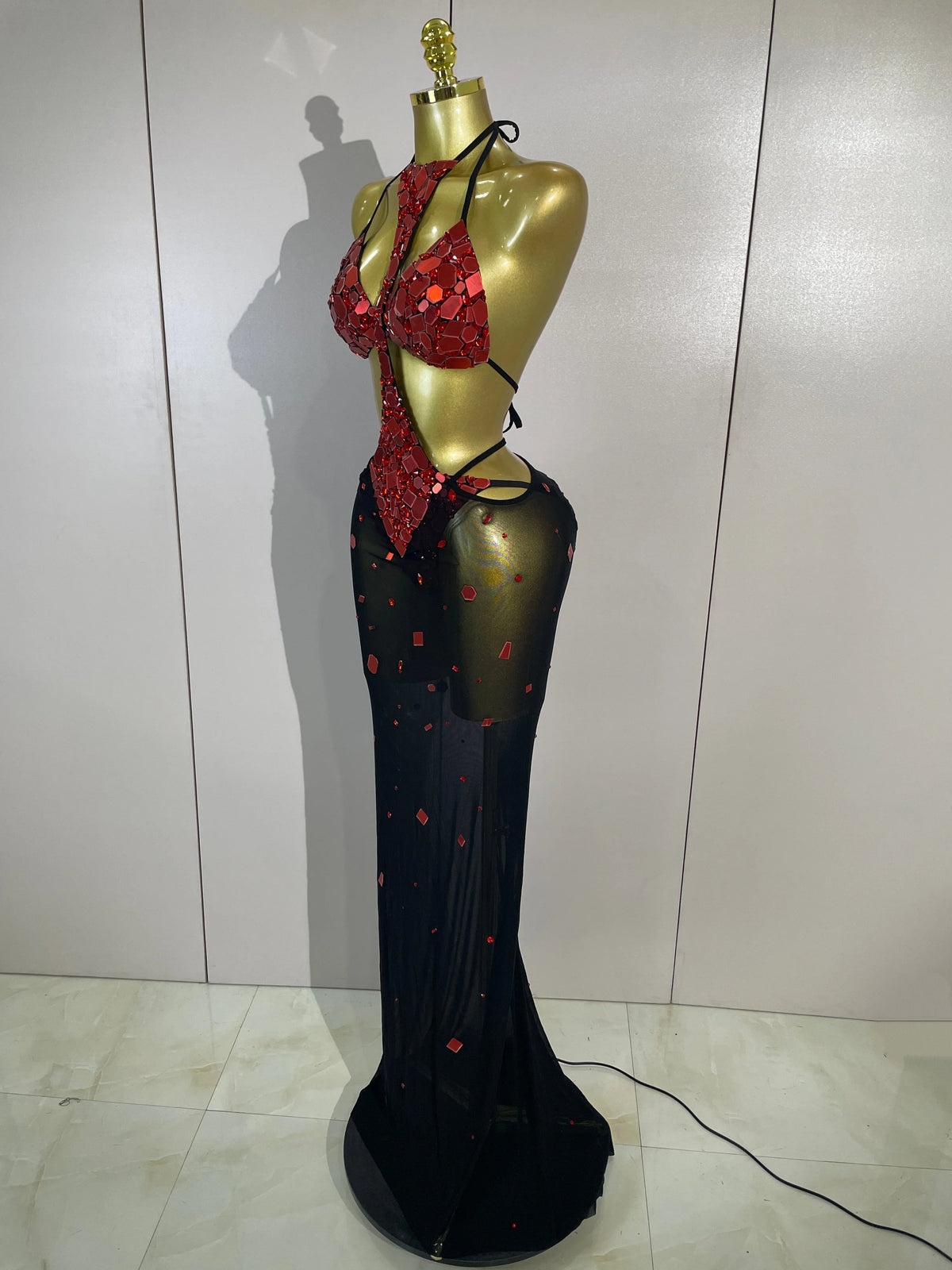 Red Mirror Bikini Mesh Skirt Set