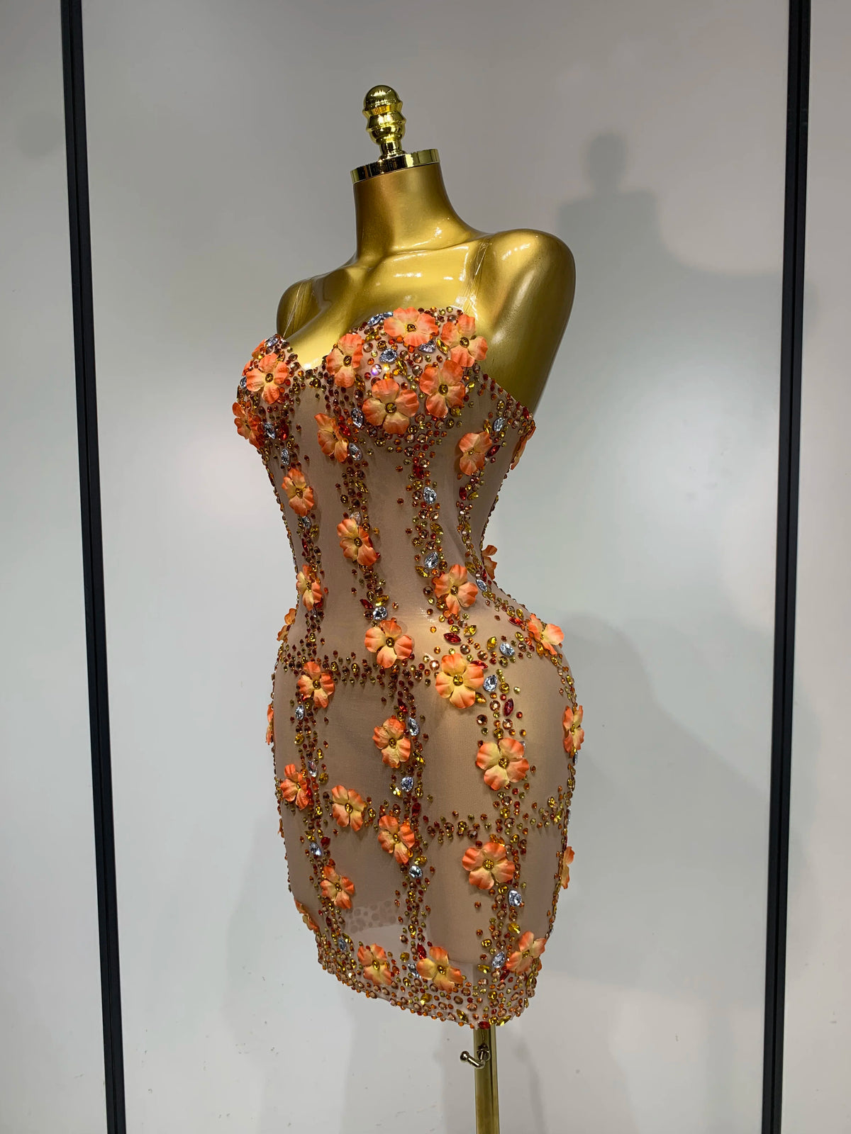 Susan Rhinestone Flower Mesh Mini Dress