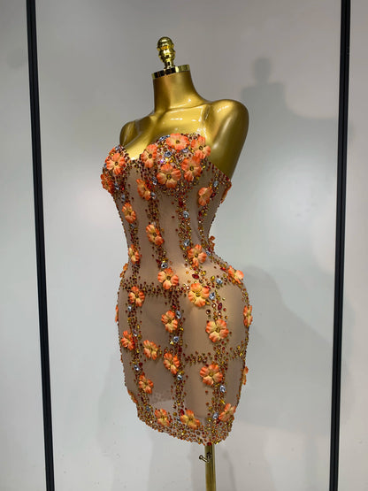 Susan Rhinestone Flower Mesh Mini Dress