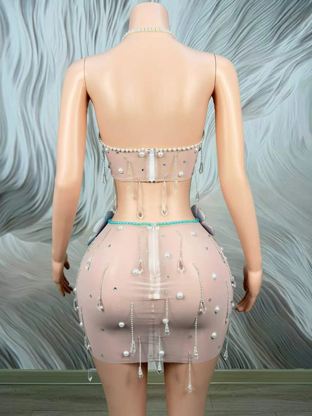 Sparkly Rhinestone Pearls Skirt Set
