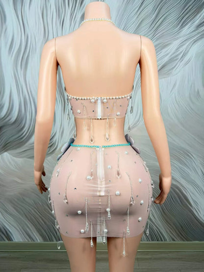 Sparkly Rhinestone Pearls Skirt Set