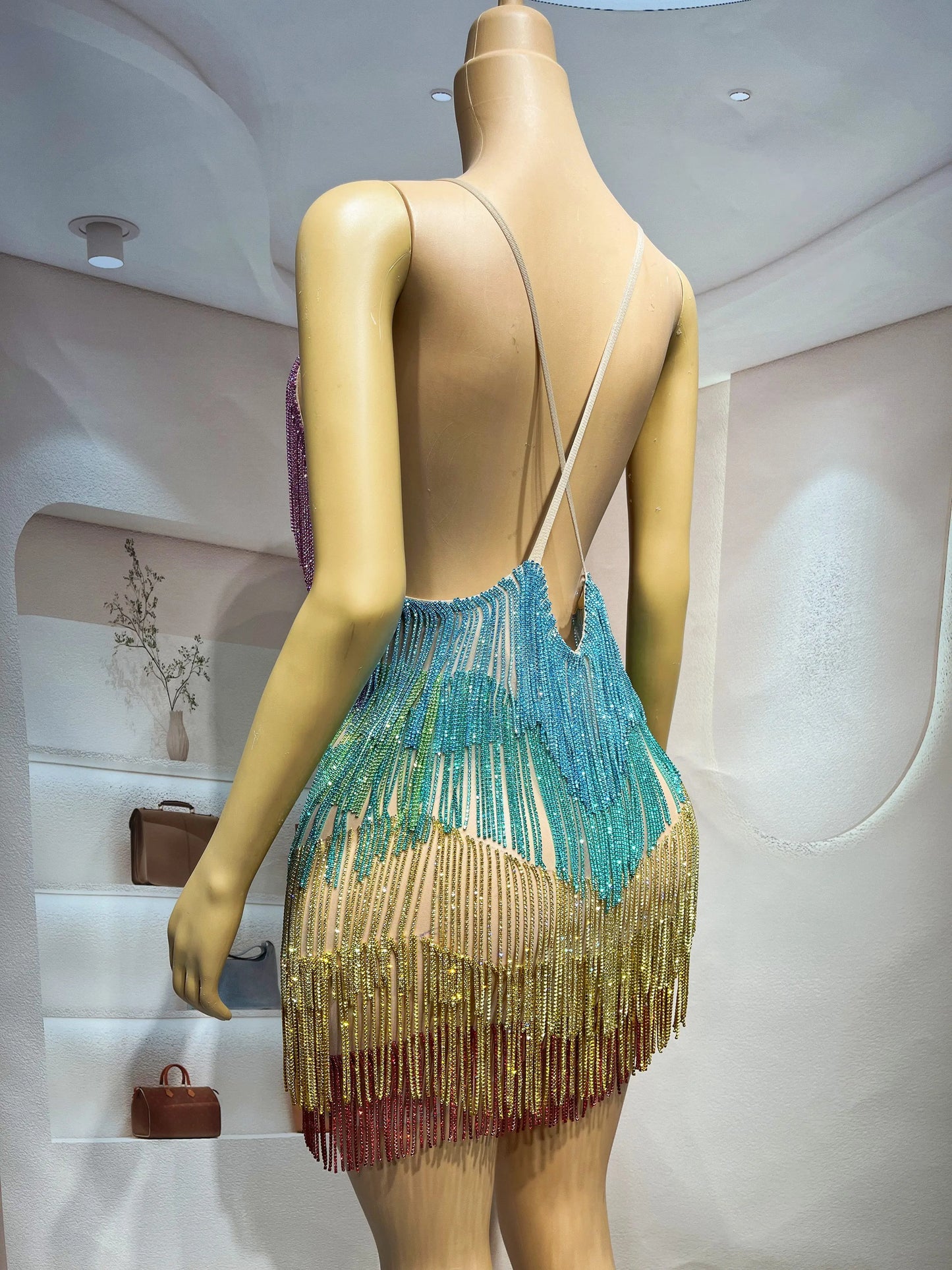 Blingbling Rainbow Tassel Fringe Mini Dress