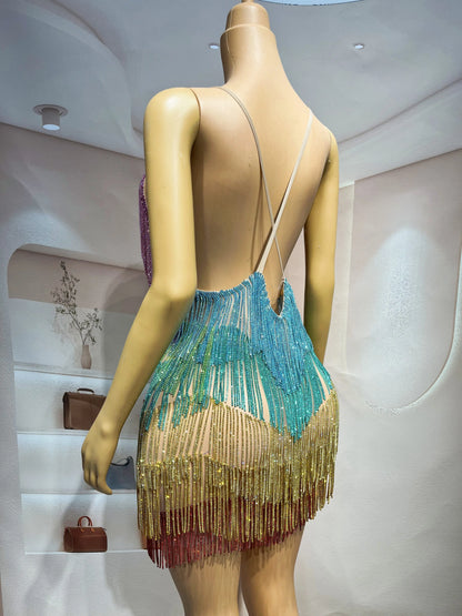 Blingbling Rainbow Tassel Fringe Mini Dress