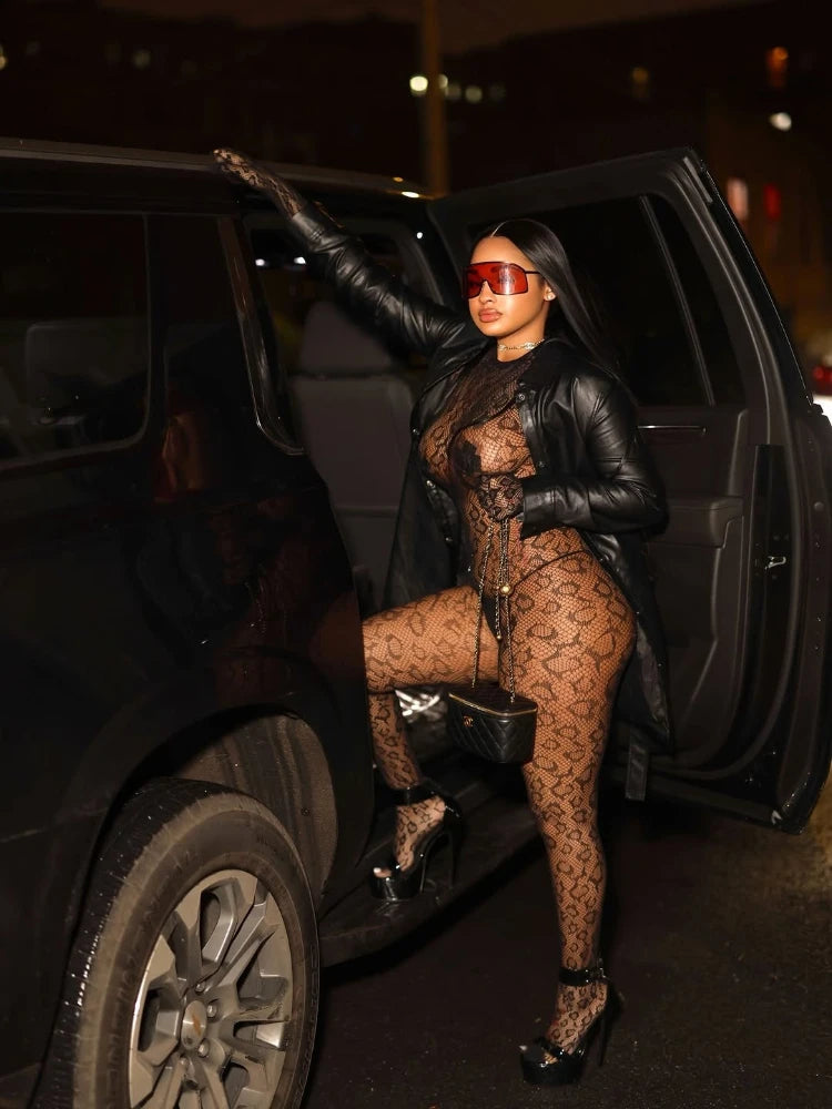 Leopard Print Mesh Jumpsuit
