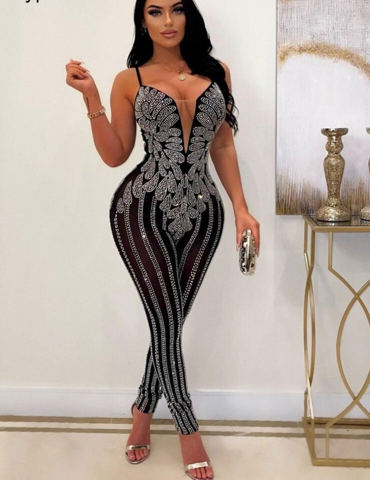 Sparkle Sheer Mesh Jumpsuit Fashion Closet Clothing