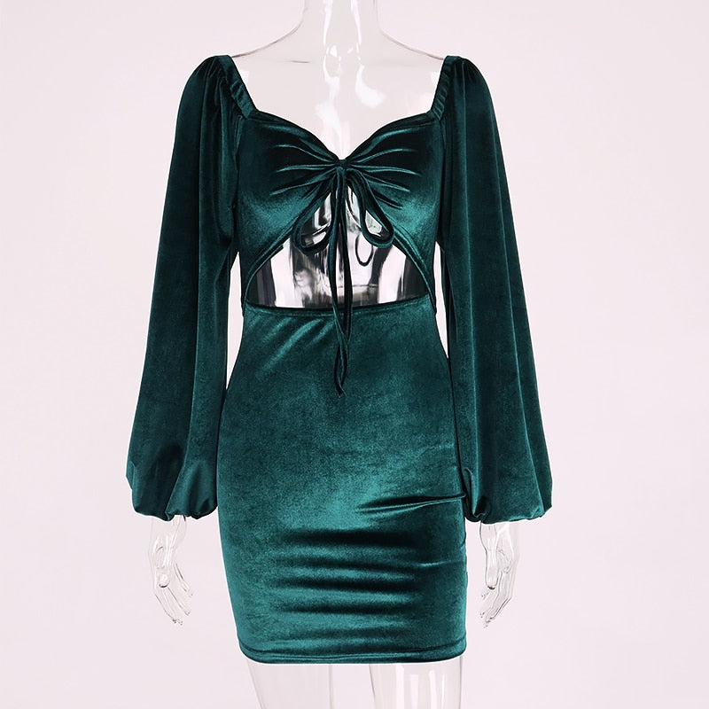 Velour Ruched Mini Dress- Green Fashion Closet Clothing