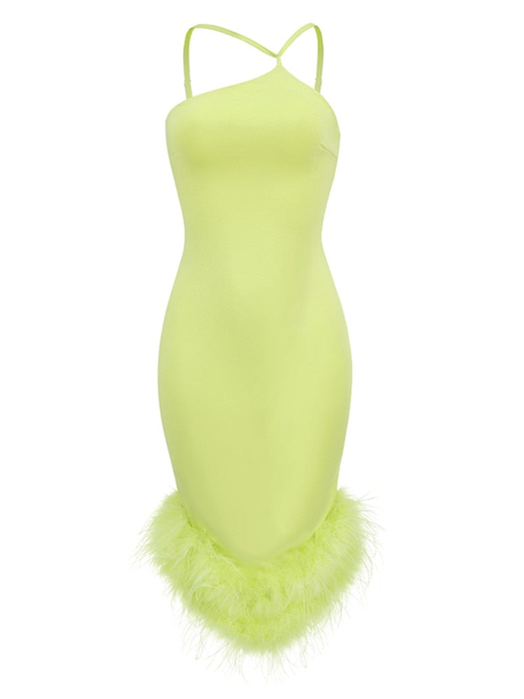 Yellow Feather Midi Bodycon Dress Fashion Closet Clothing