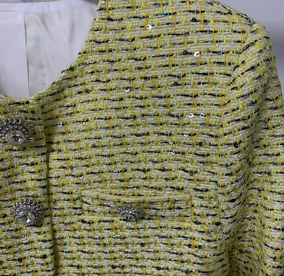 Yellow Sequined Tweed Set Fashion Closet Clothing