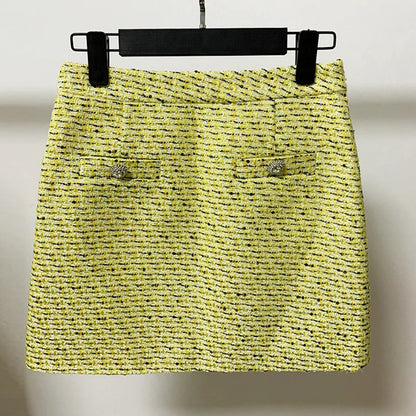Yellow Sequined Tweed Set Fashion Closet Clothing