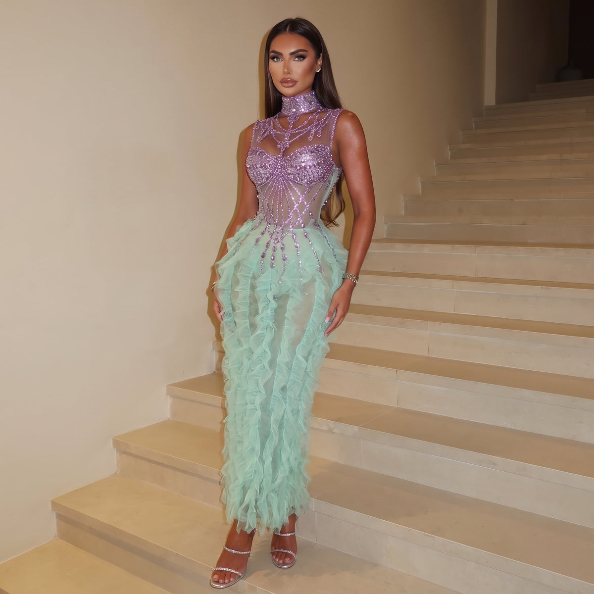 Gaelle Mesh Ruffled  Maxi Dress