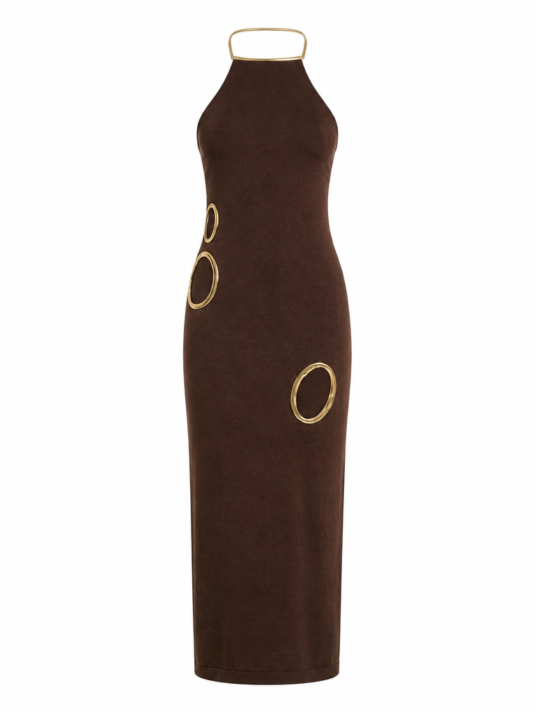 Gold Trim Cutout Knit Maxi Dress