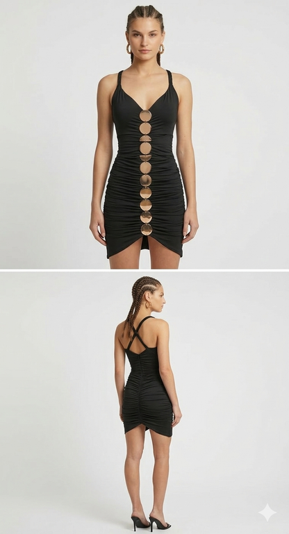 Metallic Discs Pleated Bodycon Dress
