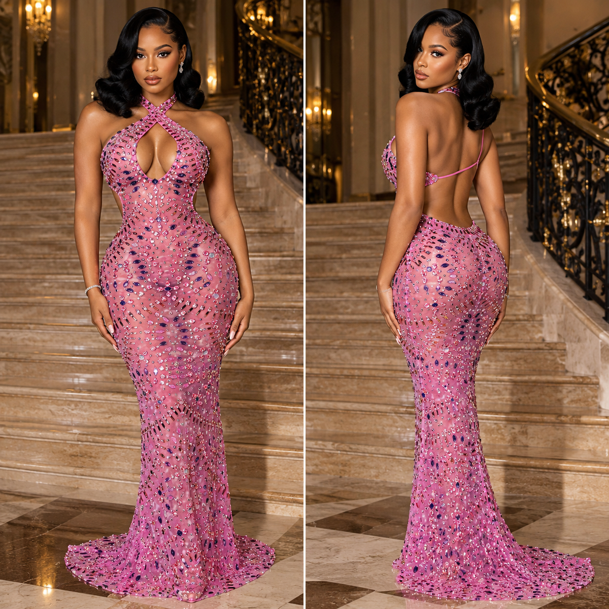 Adelina Rhinestone Backless Maxi Dress