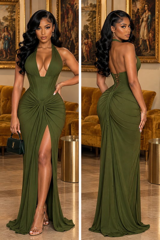 Olive Green Corset Ruched Maxi Dress