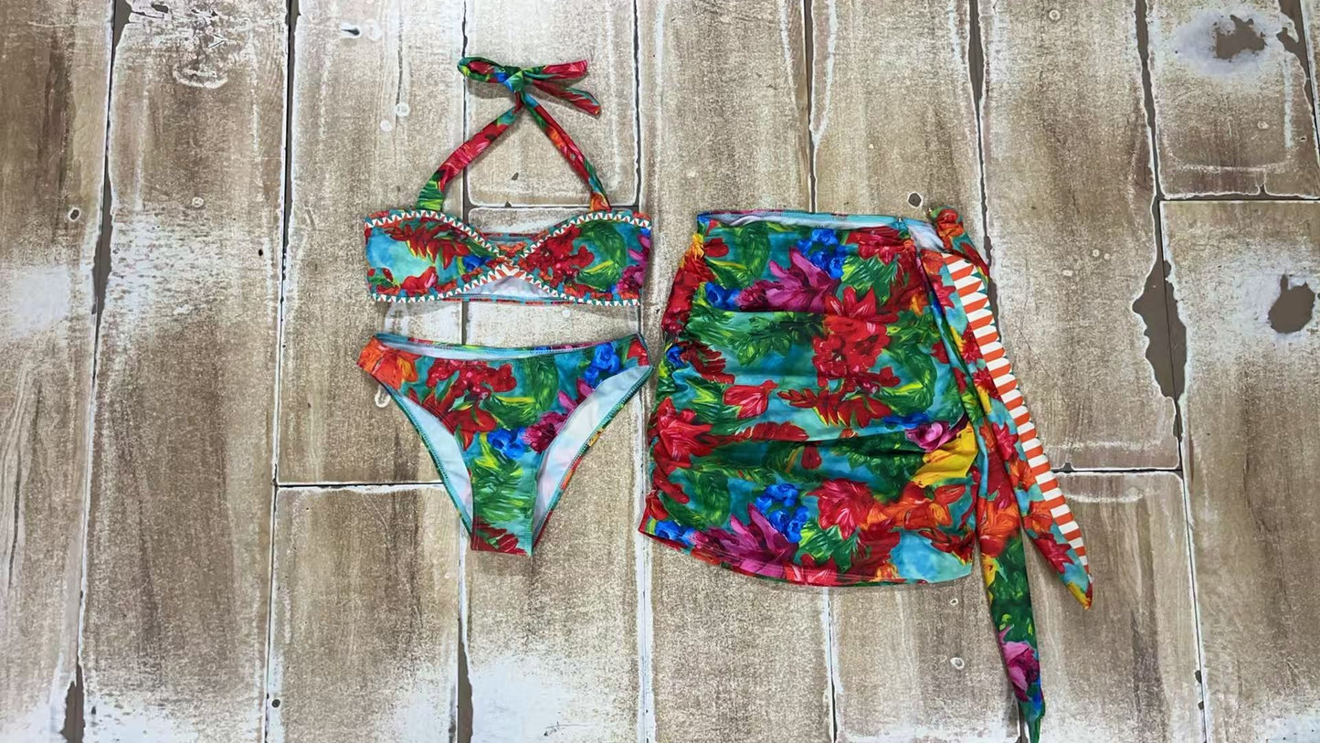 Retro Print Bikini 3Pcs Set