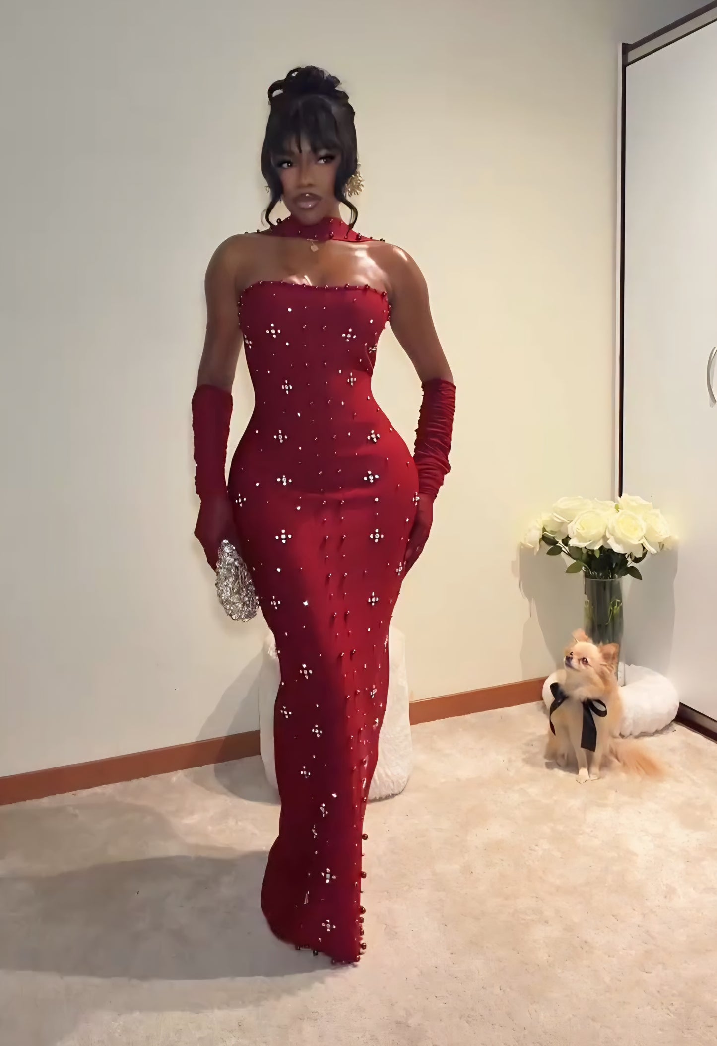 Rhinestone Pearl Bandage Midi Dress