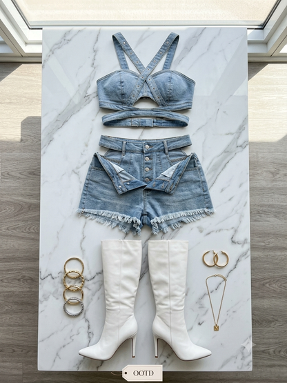 Shilla Cutout Denim Short Set