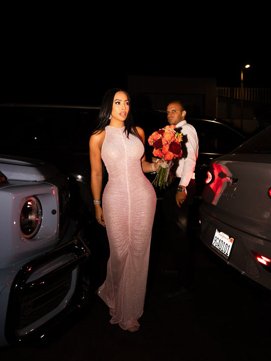 Pink Embellished Ruched Maxi Dress