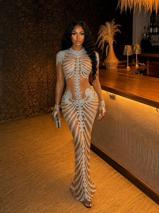 Skeleton Rhinestone Mesh Maxi Dress
