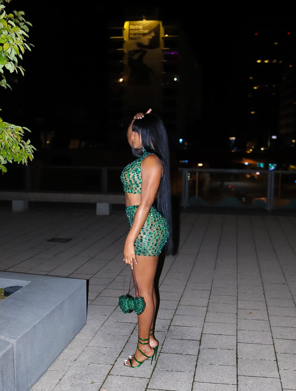 Rhinestone Green Mini Skirt Set