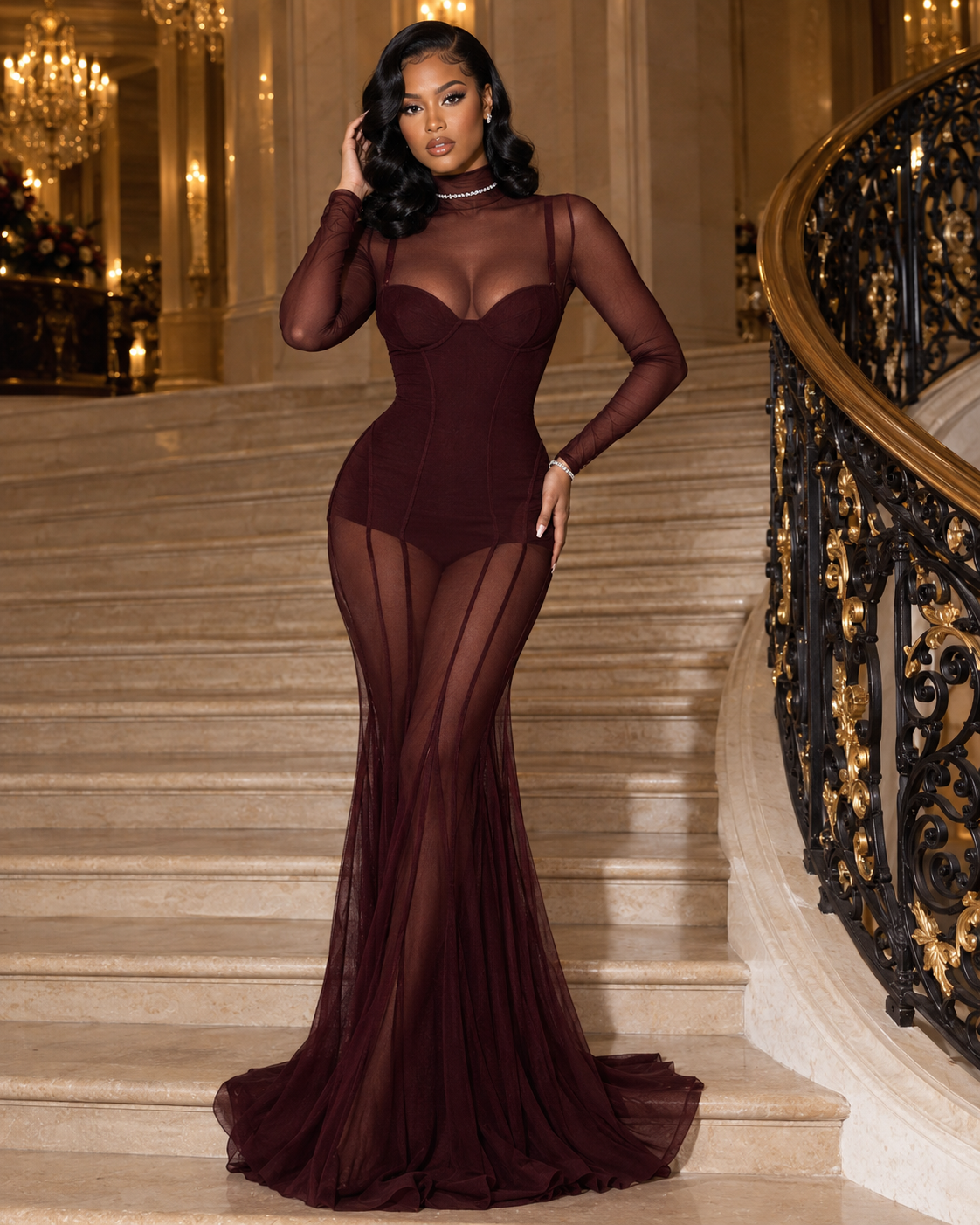 Robe moulante VC sexy en maille transparente à col roulé et manches longues, tenue de soirée transparente, coupe ajustée, tenue de club pour femme