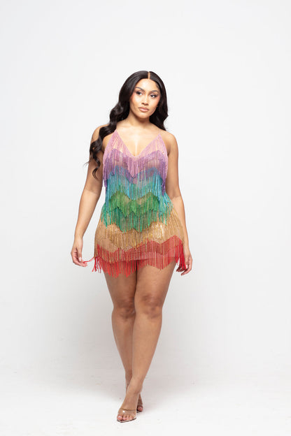 Blingbling Rainbow Tassel Fringe Mini Dress