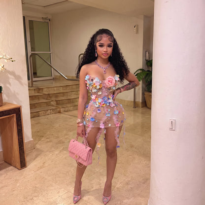 Garden Petal Rhinestone Mesh Dress