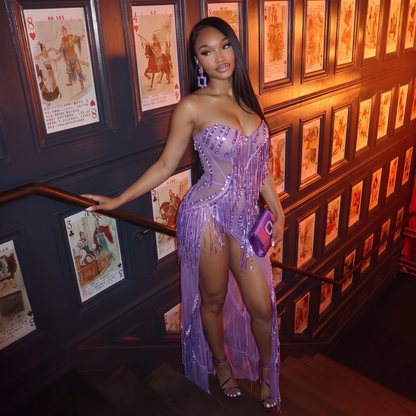 Purple Tassel Mesh Maxi Dress